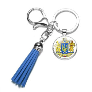 Украинский брелок Серебряный Трезубец Tryzub с Львом и Воином и кисточкой